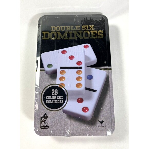 Double Six Dominoes 28 Color Dot Dominoes New Factory Sealed Storage Tin - Picture 2 of 11